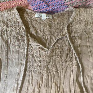 Tan Colored Embroidered Hippie top, 3/4 sleeves, loose and flowy